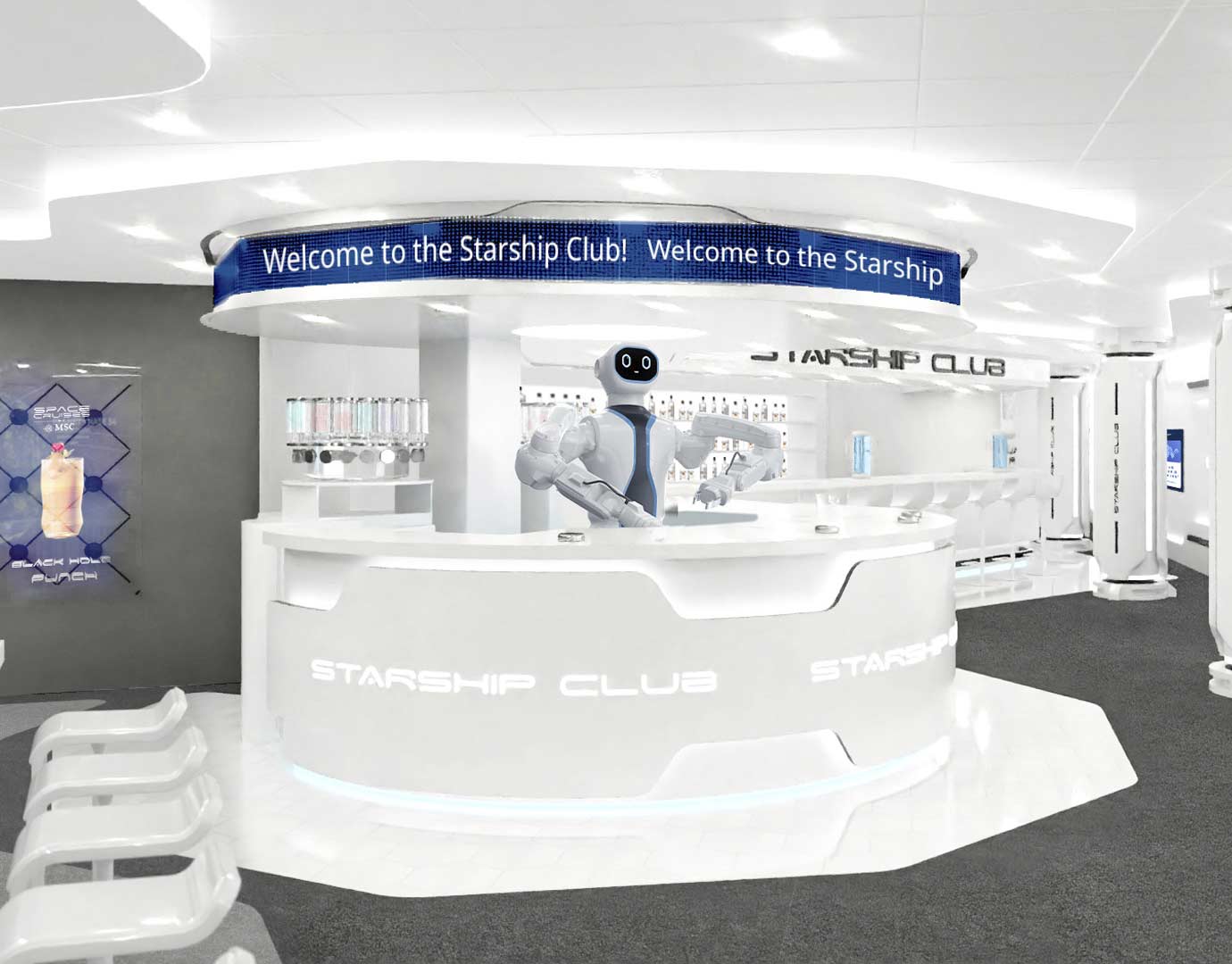 Futuristic Starship Club bar with a humanoid robot bartender onboard an MSC cruise ship | MSC Cruises Futuristic Starship Club bar with a humanoid robot bartender onboard an MSC cruise ship | MSC Cruises
