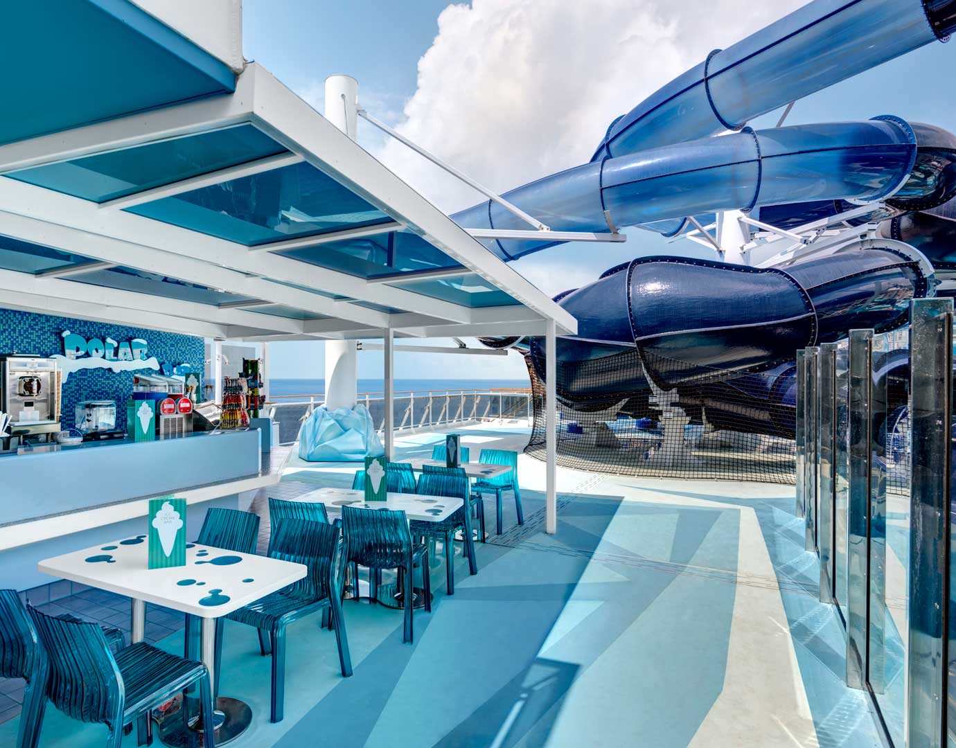 Outdoor ice cream bar and waterslide on an MSC cruise ship | MSC Cruises Outdoor ice cream bar and waterslide on an MSC cruise ship | MSC Cruises