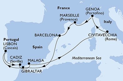 Italië, Frankrijk, Spanje, Gibraltar, Portugal