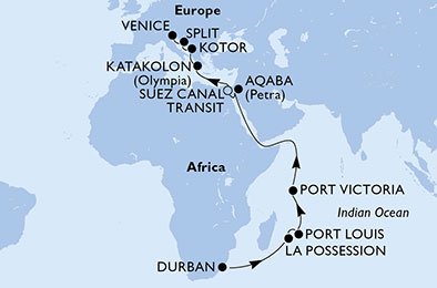 Zuid-Afrika, La Réunion, Mauritius, Seychellen, Jordanië, Egypte, Griekenland, Montenegro, Kroatië, Italië