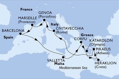Italië, Frankrijk, Spanje, Malta, Griekenland