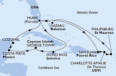 Verenigde Staten, Puerto Rico, Virgin Islands (U.S.), St. Maarten, Bahamas, Jamaica, Kaaiman Eilanden, Mexico