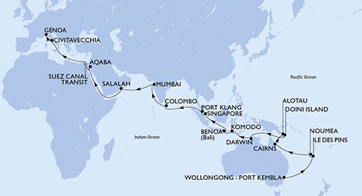 Australië, Nieuw-Caledonië, Papoea-Nieuw-Guinea, Indonesië, Singapore, Maleisië, Sri Lanka, India, Oman, Jordanië, Egypte, Italië