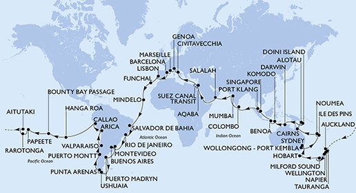 Spanje, Portugal, Kaapverdië, Brazilië, Argentinië, Uruguay, Chili, Peru, Pitcairn, Frans-Polynesië, Cookeilanden, Nieuw-Zeeland, Australië, Nieuw-Caledonië, Papoea-Nieuw-Guinea, Indonesië, Singapore, Maleisië, Sri Lanka, India, Oman, Jordanië,
