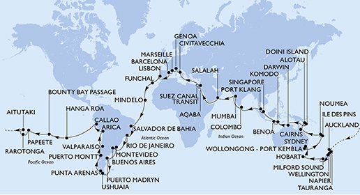 Italië, Frankrijk, Spanje, Portugal, Kaapverdië, Brazilië, Argentinië, Uruguay, Chili, Peru, Pitcairn, Frans-Polynesië, Cookeilanden, Nieuw-Zeeland, Australië, Nieuw-Caledonië, Papoea-Nieuw-Guinea, Indonesië, Singapore, Maleisië, Sri Lanka, Indi