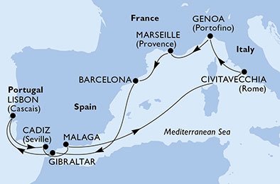 Frankrijk, Spanje, Gibraltar, Portugal, Italië