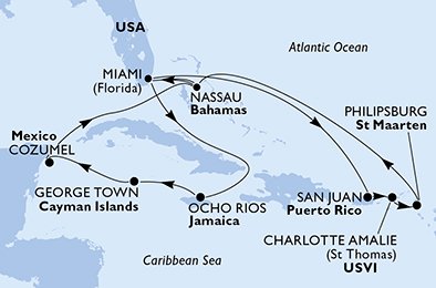Verenigde Staten, Puerto Rico, Virgin Islands (U.S.), St. Maarten, Bahamas, Jamaica, Kaaiman Eilanden, Mexico