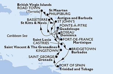 Guadeloupe, Saint Lucia, Barbados, Trinidad en Tobago, Grenada, Saint Vincent en de Grenadines, Martinique, Britse Maagdeneilanden, St. Maarten, Dominica, Saint Kitts and Nevis, Antigua en Barbuda