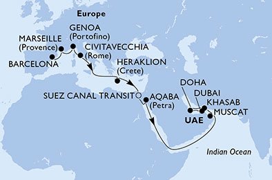 Spanje, Frankrijk, Italië, Griekenland, Egypte, Jordanië, Oman, Qatar, Verenigde Arabische Emiraten
