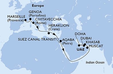 Frankrijk, Italië, Griekenland, Egypte, Jordanië, Oman, Qatar, Verenigde Arabische Emiraten
