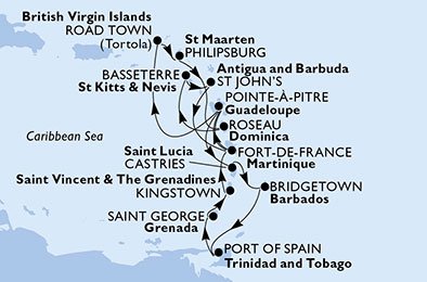 Martinique, Guadeloupe, Saint Lucia, Barbados, Trinidad en Tobago, Grenada, Saint Vincent en de Grenadines, Britse Maagdeneilanden, St. Maarten, Dominica, Saint Kitts and Nevis, Antigua en Barbuda