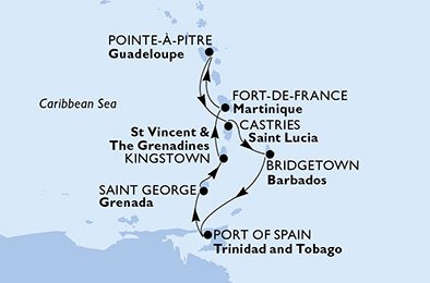 Guadeloupe, Saint Lucia, Barbados, Trinidad en Tobago, Grenada, Saint Vincent en de Grenadines, Martinique