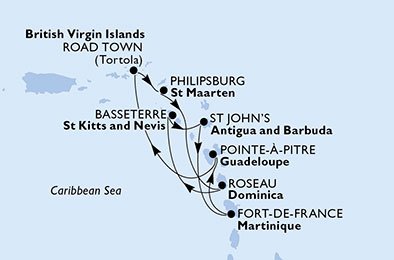 Guadeloupe, Britse Maagdeneilanden, St. Maarten, Dominica, Saint Kitts and Nevis, Antigua en Barbuda, Martinique