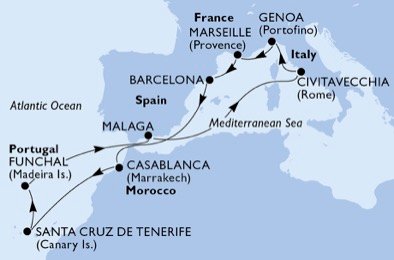 Italië, Frankrijk, Spanje, Marokko, Portugal