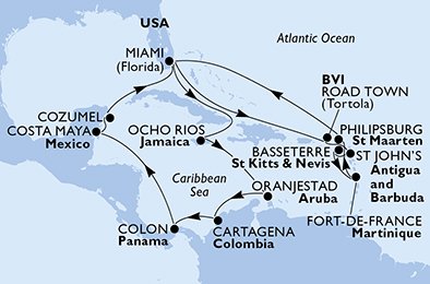 Verenigde Staten, Britse Maagdeneilanden, Antigua en Barbuda, Saint Kitts and Nevis, Martinique, St. Maarten, Jamaica, Aruba, Colombia, Panama, Mexico