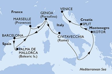 Italië, Spanje, Frankrijk, Montenegro, Kroatië