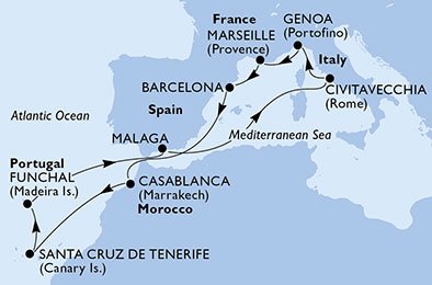 Spanje, Marokko, Portugal, Italië, Frankrijk