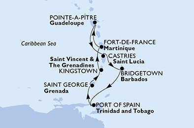 Martinique, Guadeloupe, Saint Lucia, Barbados, Trinidad en Tobago, Grenada, Saint Vincent en de Grenadines