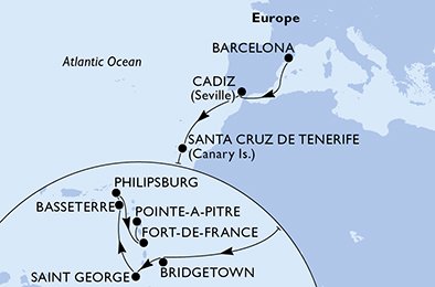 Spanje, Barbados, Grenada, Saint Kitts and Nevis, Nederlandse Antillen, Martinique, Guadeloupe