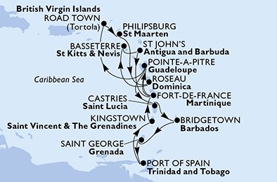 Fort de France,Pointe-a-Pitre,Castries,Bridgetown,Saint George,Port of Spain,Kingstown,Fort de France,Pointe-a-Pitre,Road Town,Philipsburg,Roseau,Basseterre,St John s,Fort de France