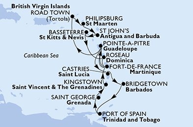 Martinique, Guadeloupe, Britse Maagdeneilanden, Nederlandse Antillen, Antigua en Barbuda, Saint Kitts and Nevis, Dominica, Saint Lucia, Barbados, Trinidad en Tobago, Grenada, Saint Vincent en de Grenadines